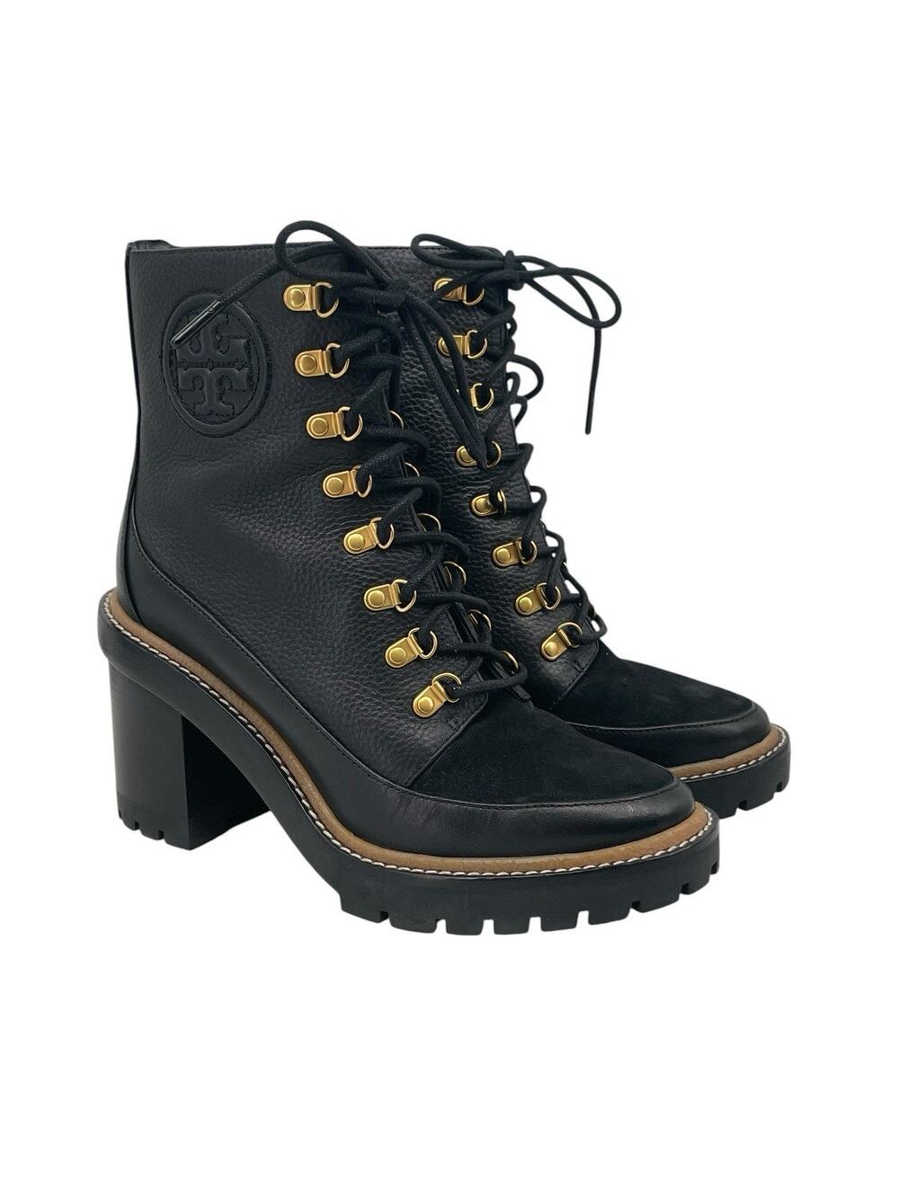 Tory Burch Miller Lug Sole Boots Mixed Materials Black Size 7.5